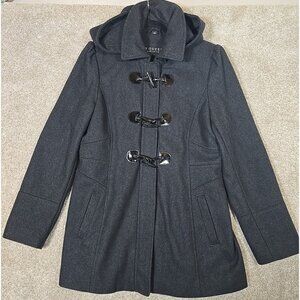 GUESS Wool Blend Winter Coat Gray Lined Toggle Buttons Removable Hood Women's L